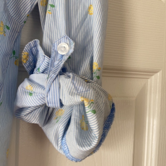 Karen Scott blue white pink striped yellow rose floral printed button front top - Picture 5 of 17